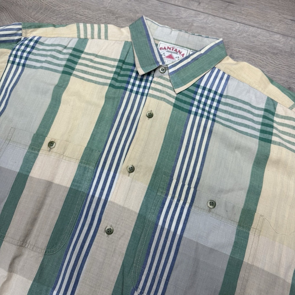 VTG Santana Camp Style Shirt Button‎ Up Multicolor Plaid Sz XL Cotton